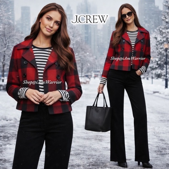 Vintage J.Crew Red & Black Buffalo Check Wool Cropped Peacoat *shop@iamwarrior